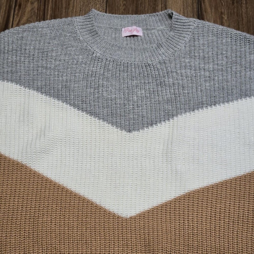 Pink Lily Chevron Colorblock Knit Sweater Women's Size L Cozy Casual